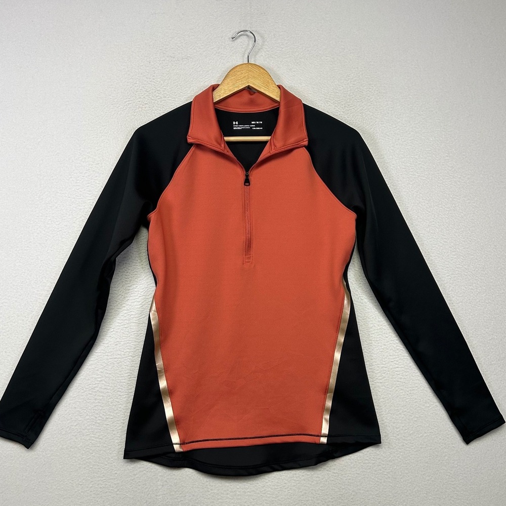 Athletic Under Armour Womens Medium Orange Black Gold ColdGear 1/4 Zip Pullover